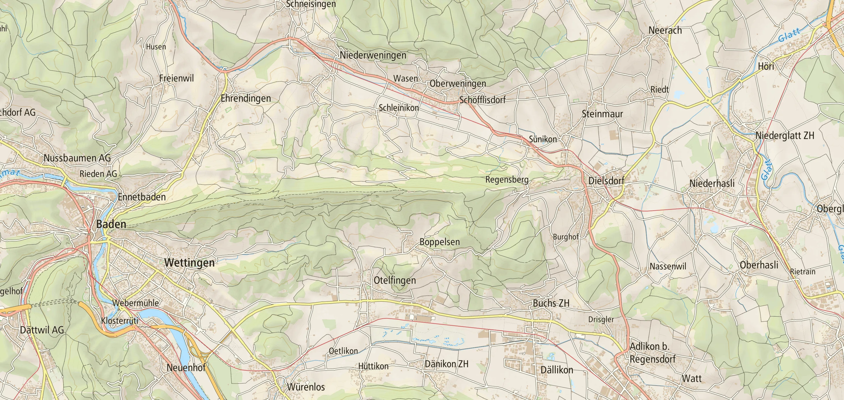 Karte der Region zwischen Baden und Höri mit der Lägern